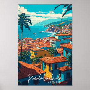 Poster Puerto Vallarta Mexique illustration de voyage vin