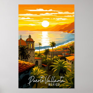 Poster Puerto Vallarta Mexique illustration de voyage vin