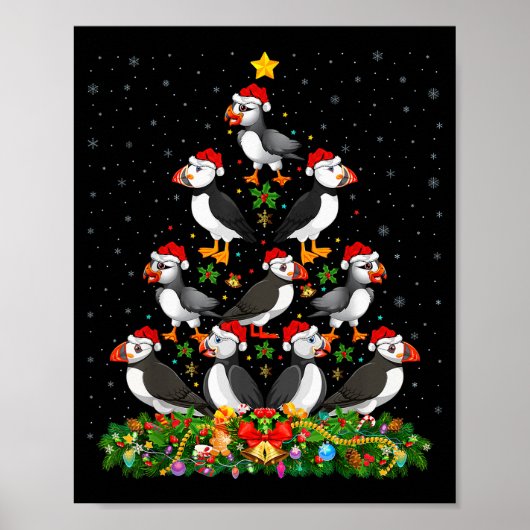 Poster Puffin Bird Xmas Tree Gift Santa Hat Puffin Christ (Devant)