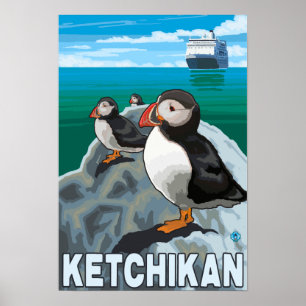 Poster Puffins & Cruise Ship - Ketchikan, Alaska