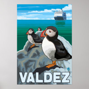 Poster Puffins & Cruise Ship - Valdez, Alaska