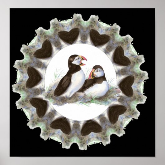 Poster Puffins d'aquarelle avec Coeurs pour les fans de P (Devant)