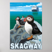 Poster Puffins et bateau de croisière - Skagway, Alaska (Devant)