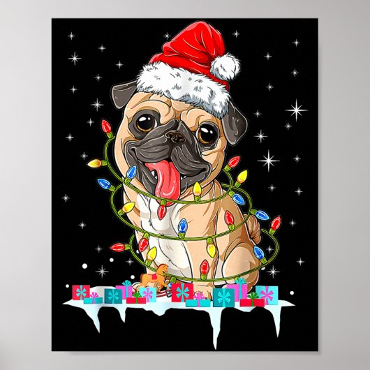 Poster Pug Christmas Tree Lights Santa Dog Xmas (Devant)