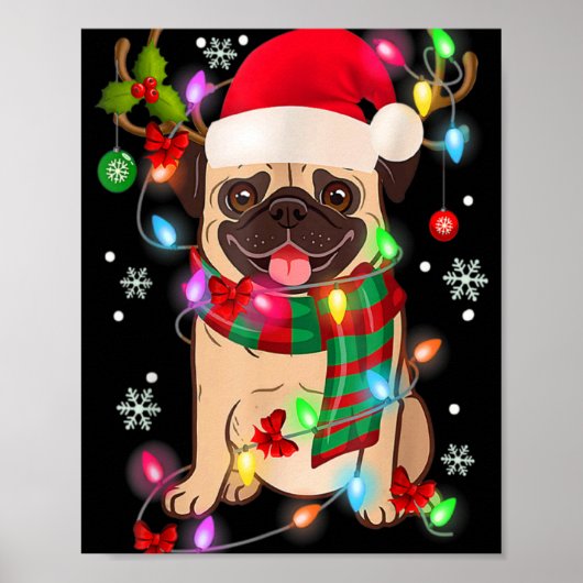 Poster Pug Christmas Tree Lights Santa Dog Xmas Boys Pugm (Devant)