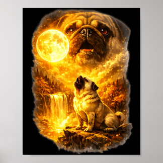 Poster Pug howling at moon epic forest fantasy 