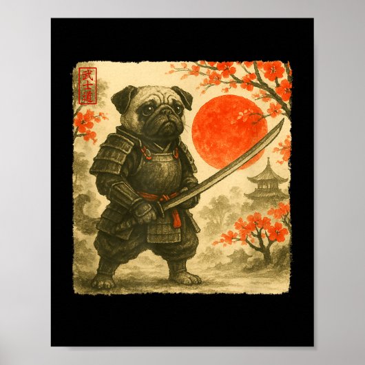 Poster Pug Samurai Japanese Warrior Costume Sumi-e Art Fu (Devant)