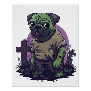 Poster Pug zombie � Chien drôle et zombie pour Halloween