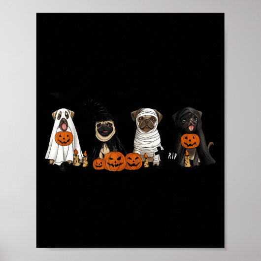 Poster Pugs Dog Lovers - Pug Ghost Pug Witch Pug Hallowee (Devant)