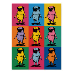 Poster Pugs drôles sur des skateboards Grille Pop Art