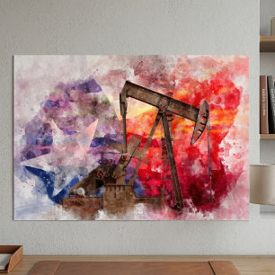 Poster Pumpjack Texan icône aquarelle avec Texas Flag