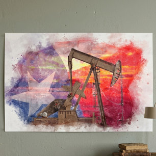 Poster Pumpjack Texan icône dessin pastel avec Texas Flag