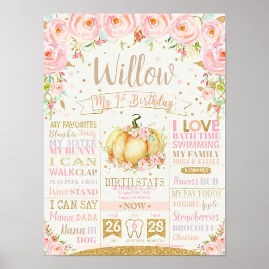 Poster Pumpkin 1st Birthday Milestones Birth Stats Sign (Devant)