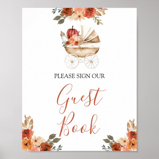 Poster Pumpkin Stroller Floral Baby Shower Guest Book (Devant)