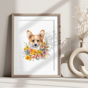 Poster Puppet Corgi fleur d'aquarelle