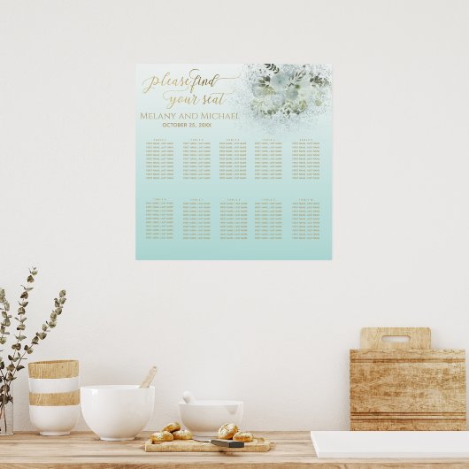 Poster Purist bleu ombre romantique floral or calligraphi (Cuisine)