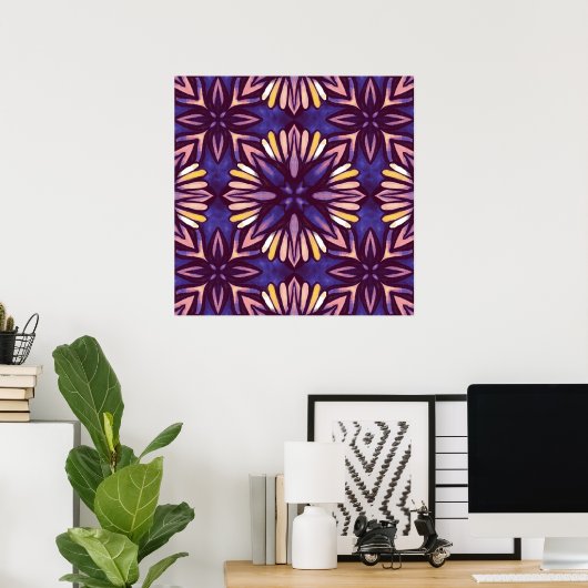 Poster Purple Abstrait motif floral jaune Indigo Boho (Bureau à domicile)