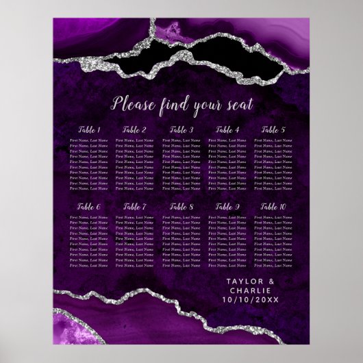 Poster Purple and Silver Agate Wedding Seating Chart (Devant)