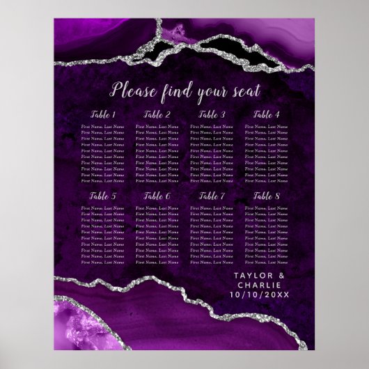 Poster Purple and Silver Agate Wedding Seating Chart (Devant)
