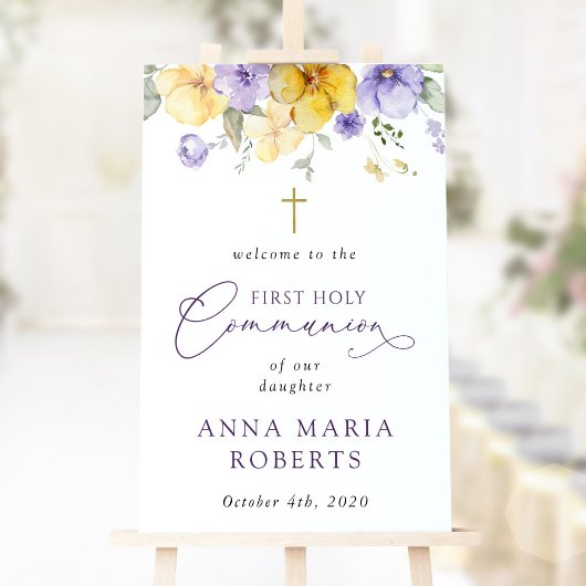 Poster Purple and Yellow Flowers, First Communion Welcome