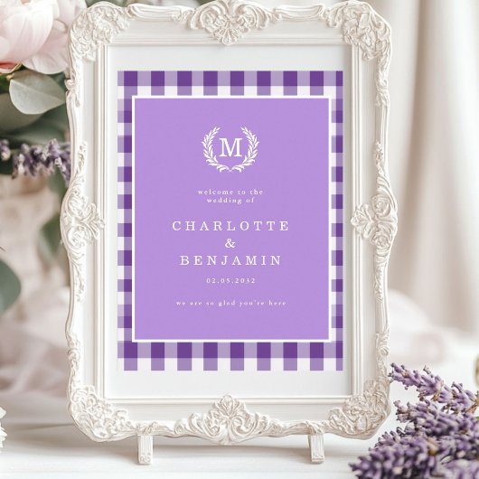 Poster Purple En vichy Monogram Crest Mariage Bienvenue