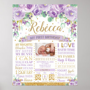 Poster Purple Floral 1er anniversaire Jalon de naissance 
