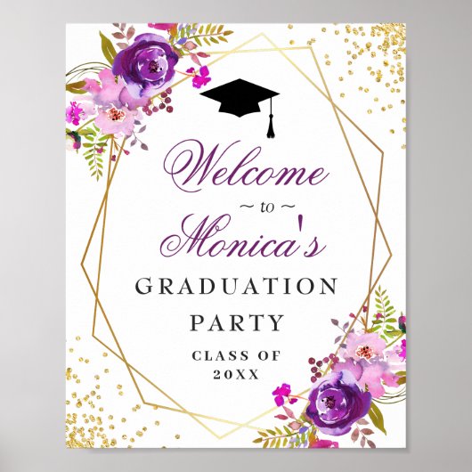 Poster Purple Golden Floral Welcome Graduation Party (Devant)