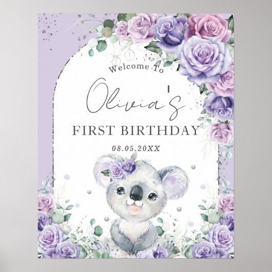 Poster Purple Lilac Floral Cute Koala Arch 1er Anniversai (Devant)