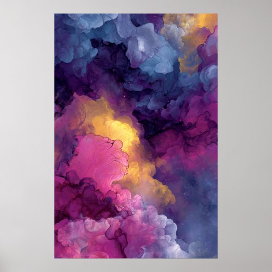 Poster Purple Magenta Gold Alcohol Ink Nebula Flow (Devant)