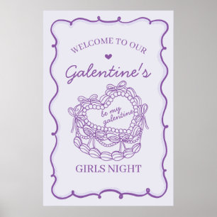 Poster Purple Retro Heart Coquette Gâteau Galentine Bienv