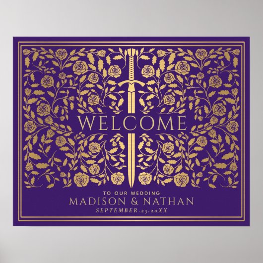 Poster Purple Royal Medieval Gold Sword Wedding Welcome (Devant)