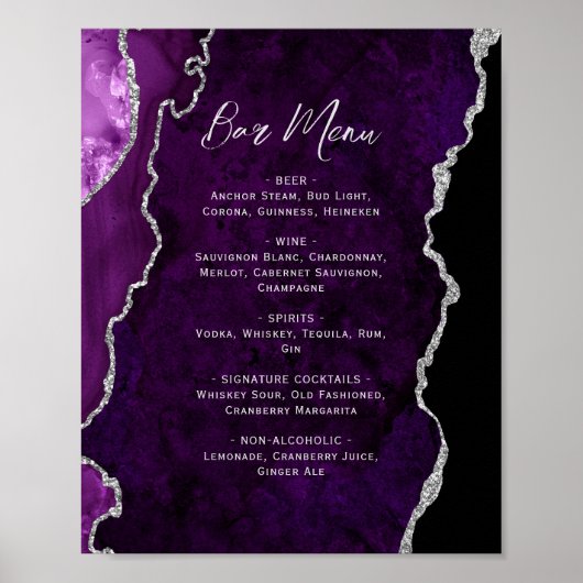 Poster Purple Silver Agate Script Wedding Bar Menu  (Devant)