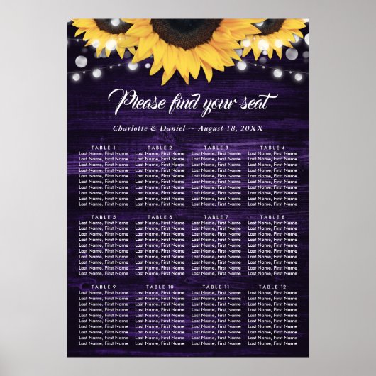 Poster Purple Sunflower Wedding Seating Chart 12 (Devant)