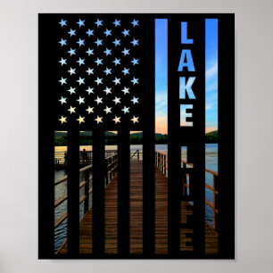 Poster Quai du drapeau américain au coucher du soleil sur