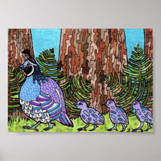 Poster Quail de Californie violette avec bébés Mini Art f
