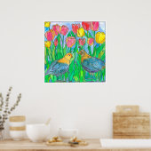 Poster Quail Pink Tulips Oiseau Aquarelle Peinture (Cuisine)