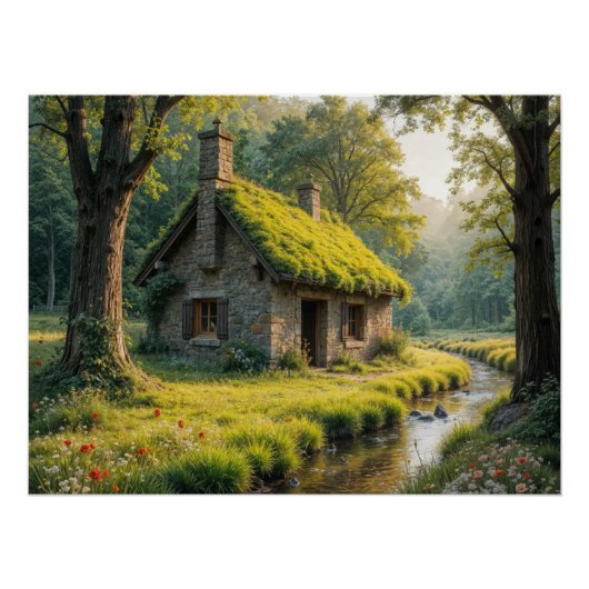 Poster Quaint Stone Cottage By a Woodland Stream (Devant)