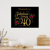 Poster Quarante fabuleux or Noir Roses Rouge Anniversaire (Cuisine)