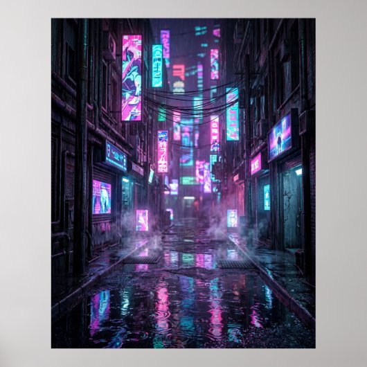 Poster Quartier néon sous la pluie (Devant)