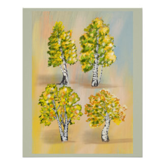 Poster Quatre bouleaux en couleurs, botanique.