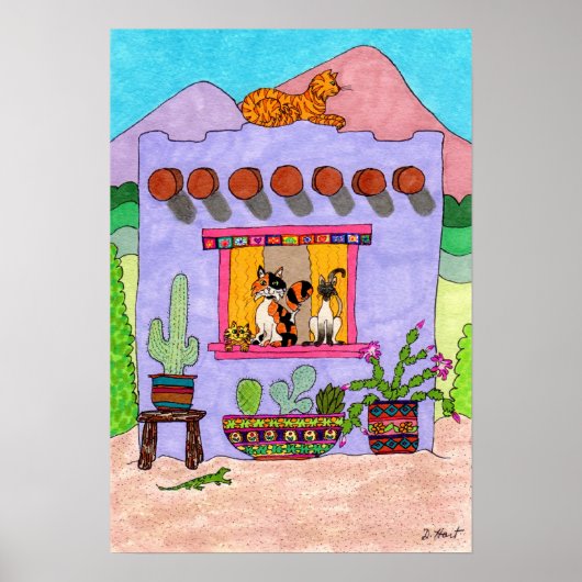 Poster Quatre chats dans une maison violette Adobe House (Devant)