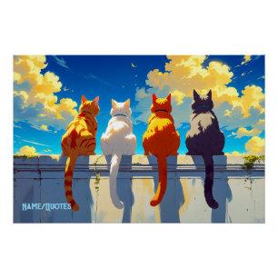 Poster Quatre chats regardant le coucher du soleil