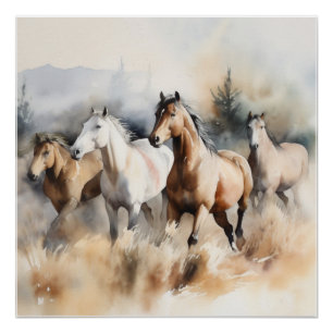 Poster « Quatre mustangs sauvages » Aquarelle poussiéreus