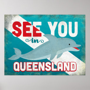 Poster Queensland Dolphin - Retro Vintage Travel