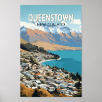 Queenstown New Zealand Travel Art Vintage