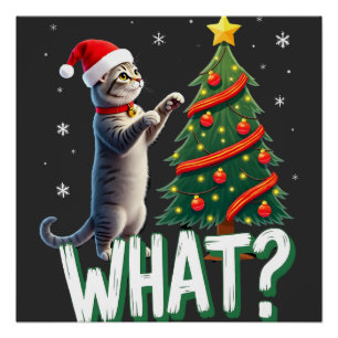 Poster Quel chat drôle poussant l'arbre de Noël sur le ch