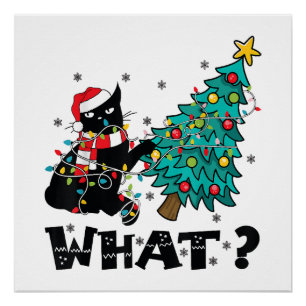 Poster QUEL Chat Noir Drôle de Père Noël Poussant un Sapi