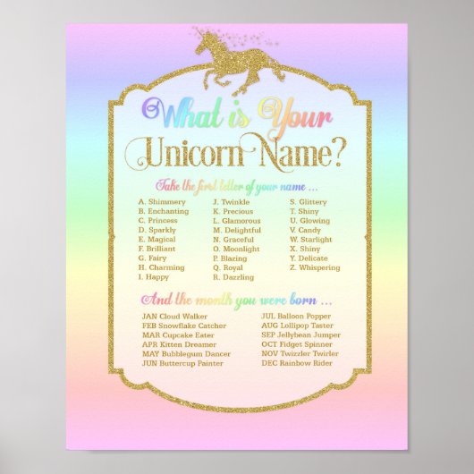 Poster Quel est votre nom Unicorn Anniversaire jeu de fêt (Devant)
