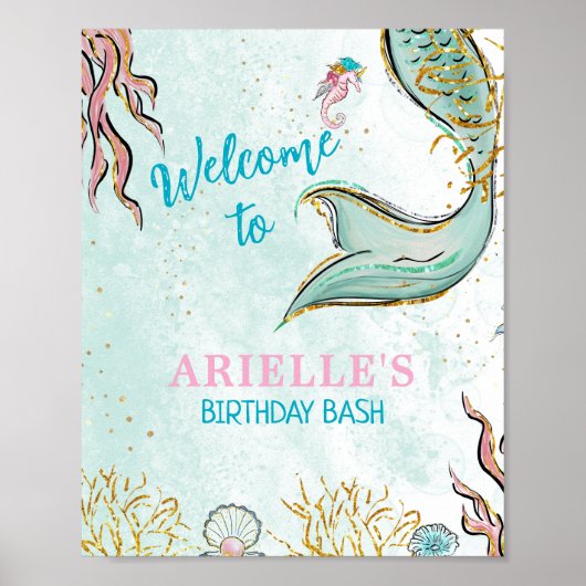Poster Queue de sirène pailletée menthe sous la mer Bienv (Devant)