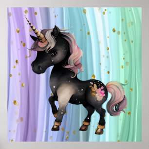 Poster Queue noire Unicorne violette rose